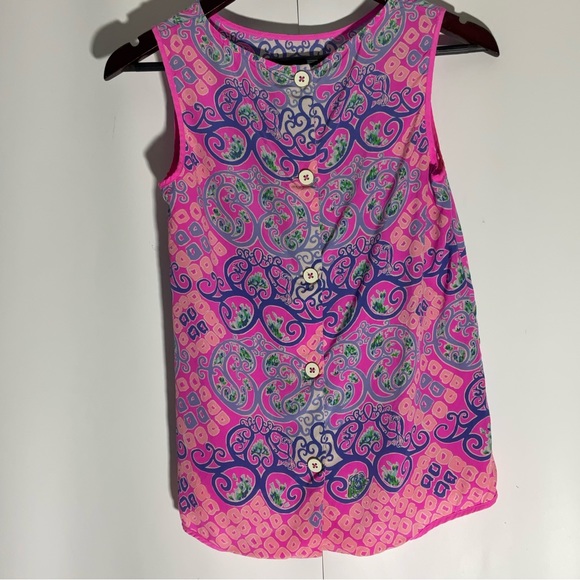 Lily Pulitzer Behind the Gates Iona Shell Top Silk Button Back Pink Purple Sz XS - Picture 8 of 16